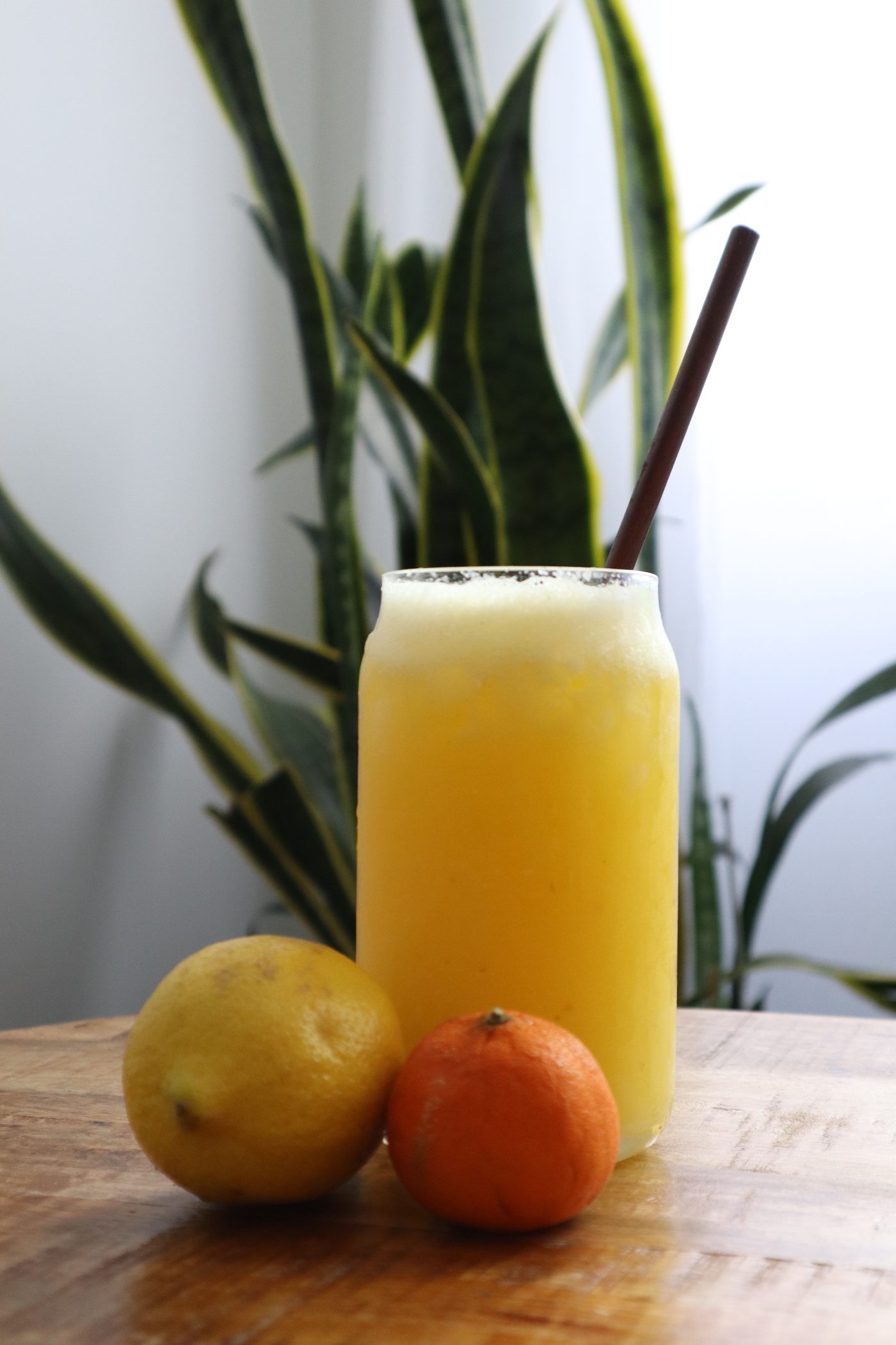 Citrus smoothie in a can-shaped glass with straw, lemon and tangerine in front, snake plant behind